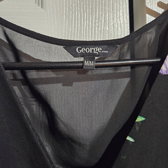 Floral Black Dress Pleated Skirt Sheer Back Zipup | George Size Medium - Picture 2 of 6